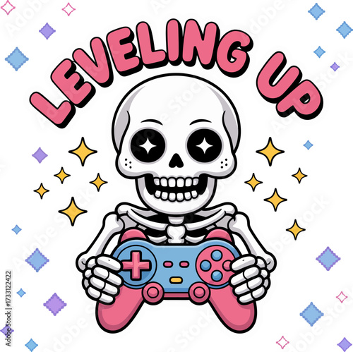 skeleton gamer celebrating, leveling up banner, pink controller, confetti background, cute esports mascot, retro arcade style vector