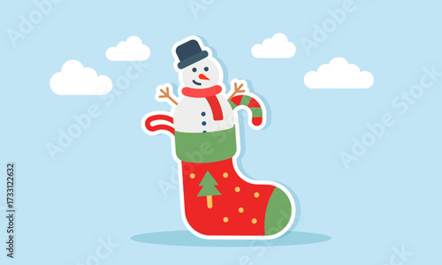 Snowman and candlestick appearing from christmas stocking illustration of holiday celebration