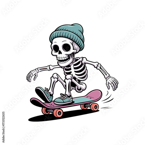 Cool skeleton skater, teal beanie, dynamic pose, vintage board culture, urban graphic, fun Halloween theme, vector illustration