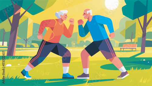 Illustration Of Grandfather And Grandmother In Sportswear Warming Up In The Park Vector Design Template