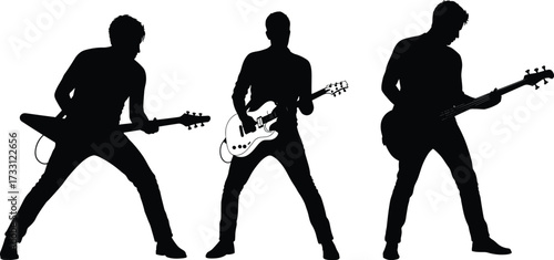 Silhouette of rock guitarists playing electric guitar on stage, live concert performance illustration, music band vector, rock and roll show