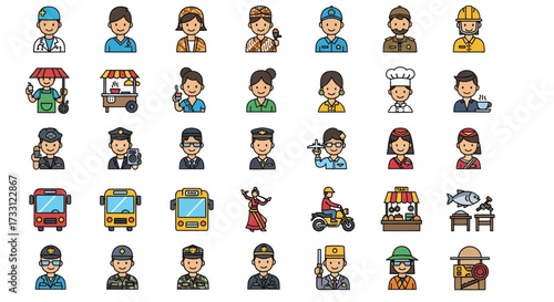 A collection of various profession icons, depicting diverse individuals in different careers and roles.