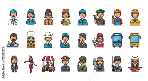 A collection of various diverse cartoon characters representing different professions and occupations.