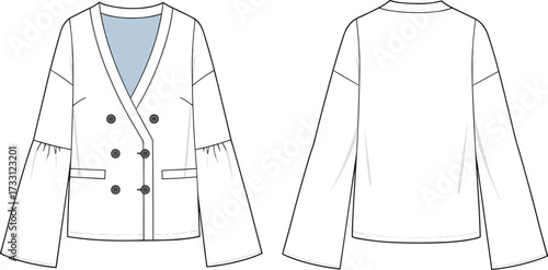 Chic double breasted long sleeve blazer cardigan CAD drawing flat vector illustration, stylish fashion technical sketch for women clothing design and garment pattern template
