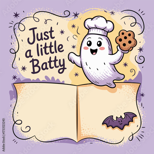Just a little batty ghost baker, parchment recipe page, chocolate chip cookie, cute halloween pun, kitchen sticker, vector