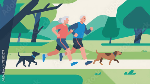 Illustration Of Grandfather And Grandmother Jogging In The Park With A Dog Following Them Vector Design Template