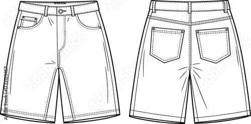 Classic denim shorts front and back technical sketch with pockets belt loops stitching detail cad drawing flat fashion vector illustration design