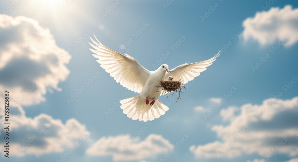 Fototapeta premium White dove carrying a nest with chick flying in cloudy sky