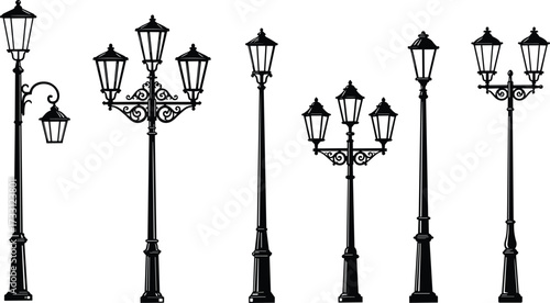 Collection of classic black street lamps, decorative lanterns, retro outdoor lighting poles, vintage urban night lights, elegant antique lamp post illustration