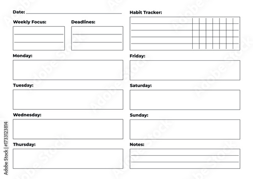 Weekly A4 planner with habit tracker, notes, weekly focus and deadlines, horizontal layout