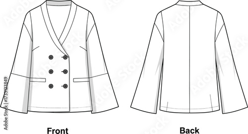 Elegant double breasted blazer jacket CAD drawing flat vector illustration with front and back technical fashion sketch for women garment design