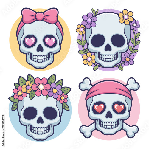 adorable skull characters collection, flower crowns and ribbons, heart eyes style, soft pastel circles, cheerful halloween sticker vector