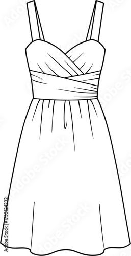 Elegant summer women dress CAD drawing flat vector illustration with sleeveless wrap bodice and flared skirt fashion design template