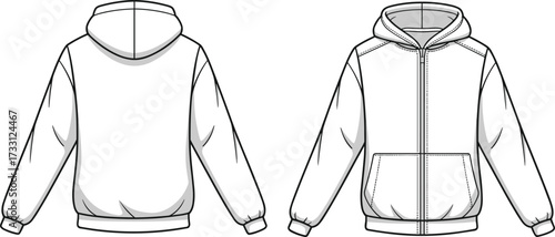 Front and back view of zipper hoodie sweatshirt fashion design template with detailed stitching cad drawing flat vector illustration