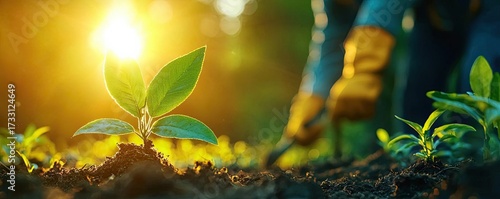 Sustainable tourism eco-tourism biodiversity Sunlight Through Leaves in Garden Soil with Hands Cultivating Plants