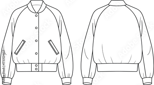 Front and back view varsity bomber jacket fashion template detailed technical sketch apparel design cad drawing flat vector illustration