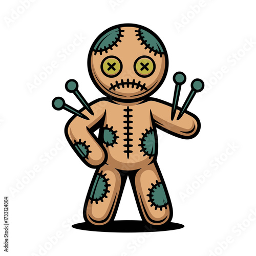 Voodoo pin doll, stitched burlap toy, needles puncturing body, creepy cute charm, Halloween themed emblem, detailed vector illustration