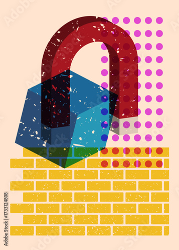 Risograph Magnet with geometric shapes. Objects in trendy riso graph print texture style design with geometry elements.