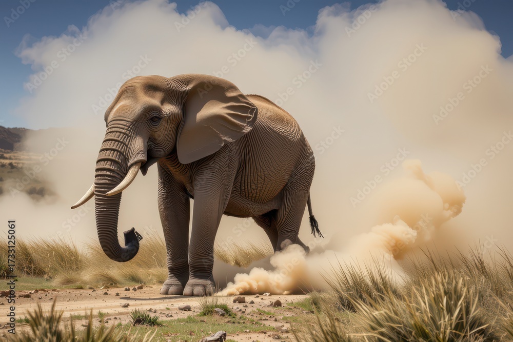 Fototapeta premium Majestic African Elephant Walking Through Dusty Landscape Under Bright Blue Sky