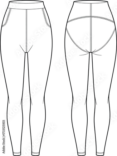 High waist women leggings with side pockets and back seam technical flat CAD fashion garment vector illustration front and back view
