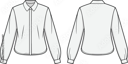 Long sleeve button down shirt fashion technical sketch with front back view detailed sewing cad drawing flat vector illustration design template