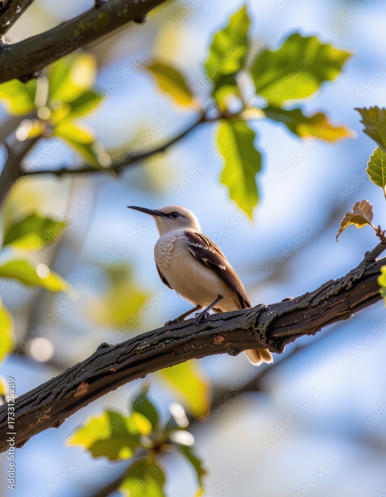 Fototapeta premium Elegant bird perched on a branch surrounded by vibrant green leaves under blue sky