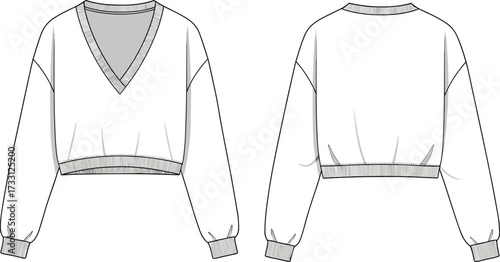 Long sleeve V neck cropped sweatshirt front and back technical fashion flat sketch template cad drawing flat vector illustration