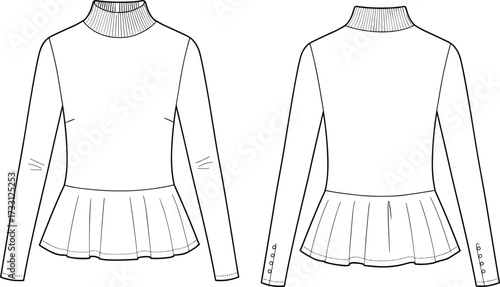 Long sleeve women peplum turtleneck top technical fashion sketch front and back view sewing pattern cad drawing flat vector illustration