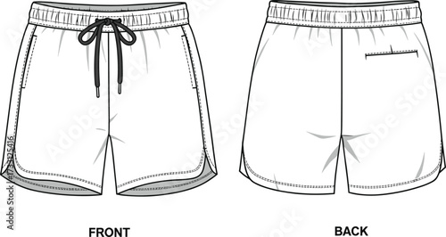 Men athletic running shorts CAD drawing flat vector illustration with elastic waistband drawstring front and back technical fashion template