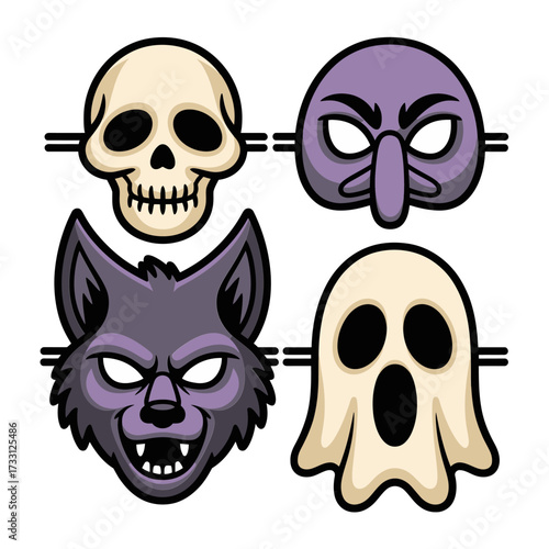 Halloween masks collection, skull mask, hockey style mask, werewolf head, spooky ghost, sticker pack icons, clean vector set