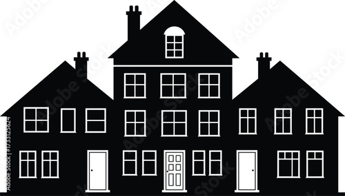 Silhouette of vintage townhouse building, traditional residential home, urban facade design, city architecture, old neighborhood street, historic housing illustration