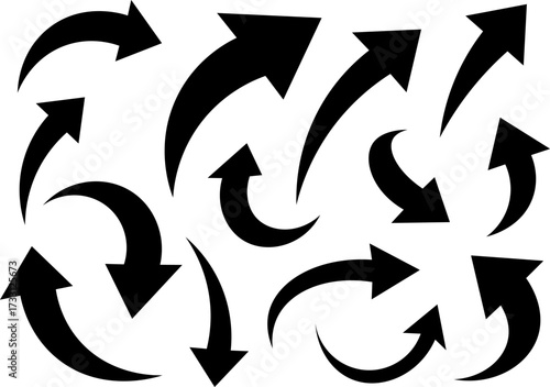 Vector art of collection of black curved arrow shapes for graphic design