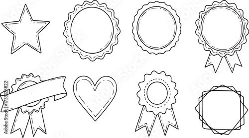 Hand drawn collection of award ribbons seals and badges.