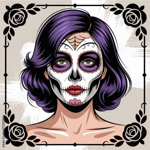 Day of the Dead woman portrait, sugar skull makeup, purple hair, floral corners, gothic halloween aesthetic, detailed vector
