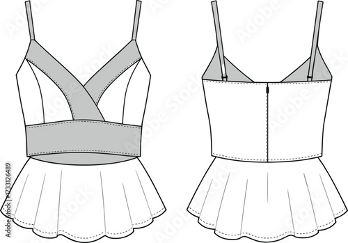 Trendy sleeveless crop top fashion cad drawing flat vector illustration with flared hem peplum detailed sewing pattern stylish garment design