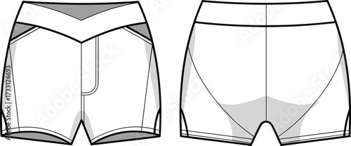 Women activewear V waist shorts cad drawing flat vector illustration showcasing stylish technical design template for modern fitness fashion apparel pattern