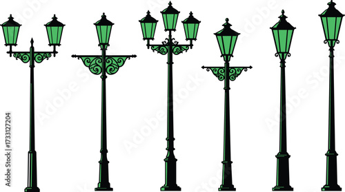 Collection of vintage green street lamps, decorative lanterns, classic outdoor lighting poles, retro city night lights, elegant urban lamp post illustration