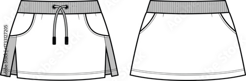 Women sporty casual mini skirt CAD drawing flat vector illustration with elastic waistband drawstring side pocket detailed fashion template