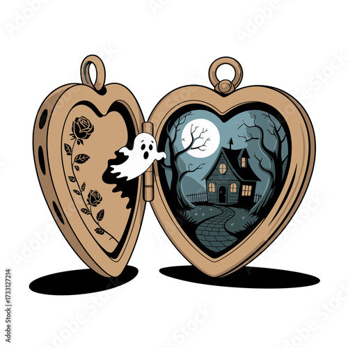 antique heart locket illustration, ghost silhouette inside, haunted house scene, romantic gothic vibe, halloween night vector artwork