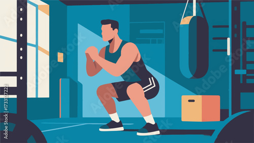 Illustration Of A Man Doing Squats In A Gym Studio Vector Design Template
