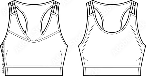 Women sports bra technical fashion flat sketch front and back view for activewear design template, cad drawing flat vector illustration