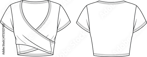 Women’s short sleeve wrap crop top with overlapping front design cad drawing flat vector fashion illustration technical apparel template