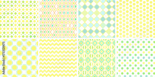 Collection of eight cheerful and bright pastel geometric seamless patterns in yellow and green tones