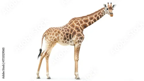 Obraz Tall giraffe standing isolated against a bright white background with copy space