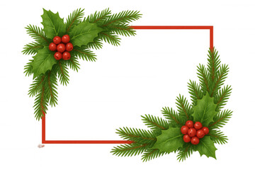 Christmas frame with holly berries and pine branches, festive season border, transparent background design