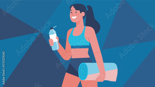 Illustration Of A Woman With A Smiling Expression, Carrying A Drinking Bottle And A Yoga Mat Vector Design Template