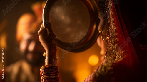 Indian Bride in Red Saree Performing Karva Chauth Puja, Looking at Husband Through Sieve Under Moonlight, Romantic Hindu Festival Ritual for Love and Prosperity