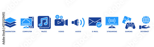 Multimedia icon set illustration concept with icon of animation, computer, music, video, audio, e-mail, streaming, gaming, internet