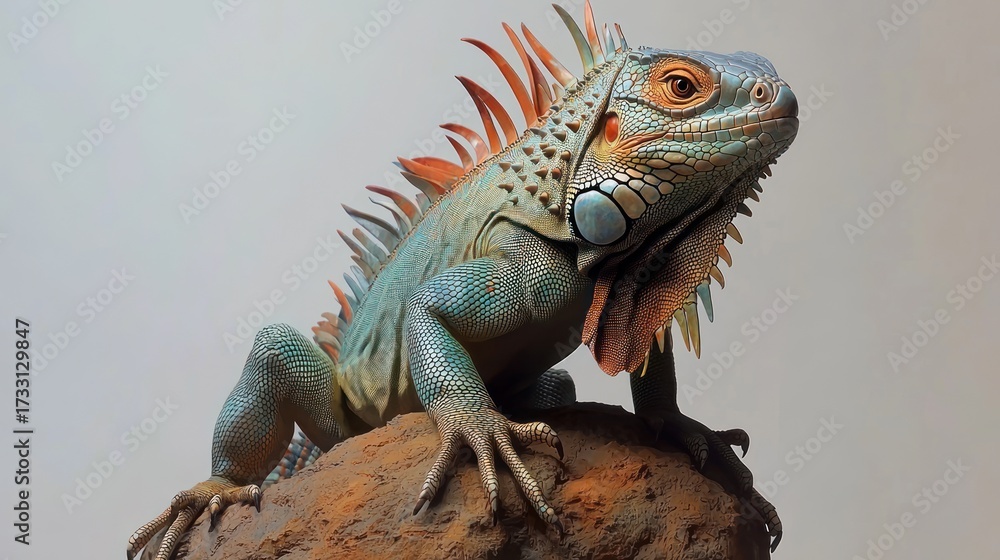 Obraz premium Detailed view of a vibrant iguana perched on a textured rock surface