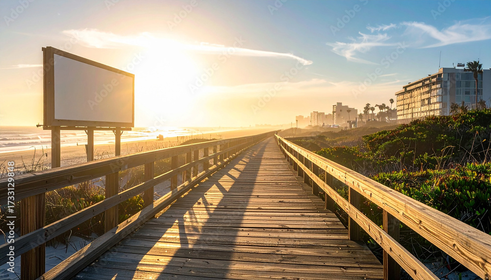 Obraz premium Wooden Boardwalk Leading to the Beach at Sunrise.